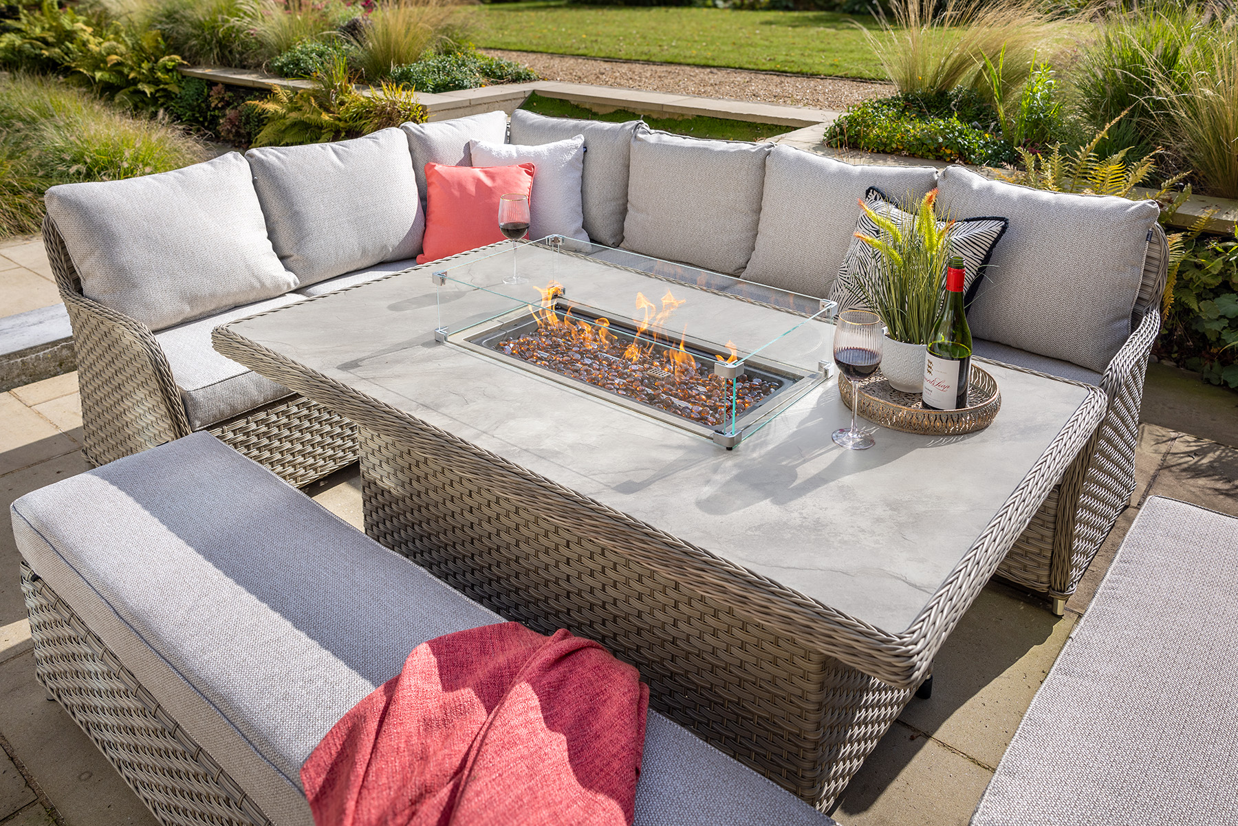 Eton Grand Rectangular Casual Dining Set with Gas Fire Pit